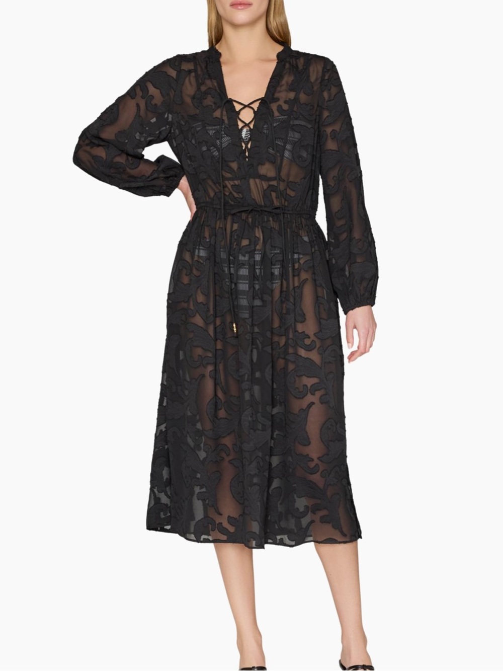Milly Black Sheer Midi Dress with Lace-Up V-Neck